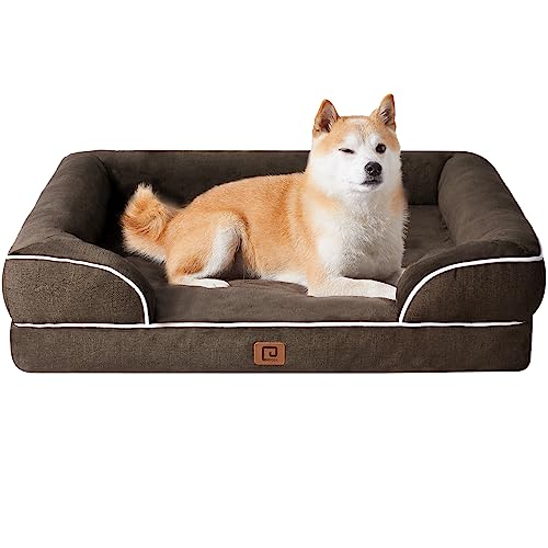 EHEYCIGA Orthopedic Dog Beds for Large Dogs, Waterproof Memory Foam Bed with Sides, Non-Slip Bottom and Egg-Crate Foam Couch Bed with Washable Removable Cover, Grey