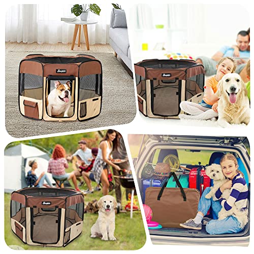 JESPET 61" Pet Dog Playpens, Portable Soft Dog Exercise Pen Kennel with Carry Bag for Puppy Cats Kittens Rabbits, Brown